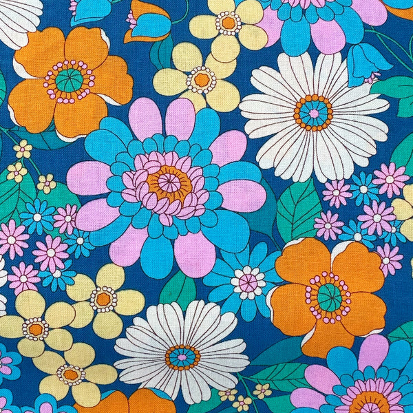 Close up of Bloom Garland Retro Floral Cotton Fabric by Koko Seki, in blue, imported from Japan
