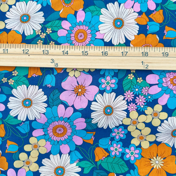 Scale of Bloom Garland Retro Floral Cotton Fabric by Koko Seki, in blue, imported from Japan