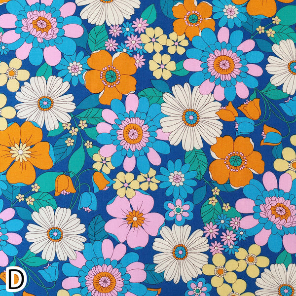 Stock photo of Bloom Garland Retro Floral Cotton Fabric by Koko Seki, in blue, imported from Japan