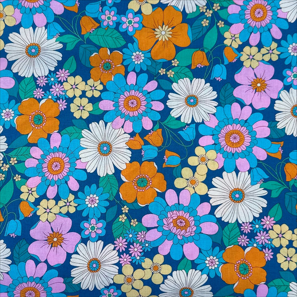 Bloom Garland Retro Floral Cotton Fabric by Koko Seki, in blue, imported from Japan
