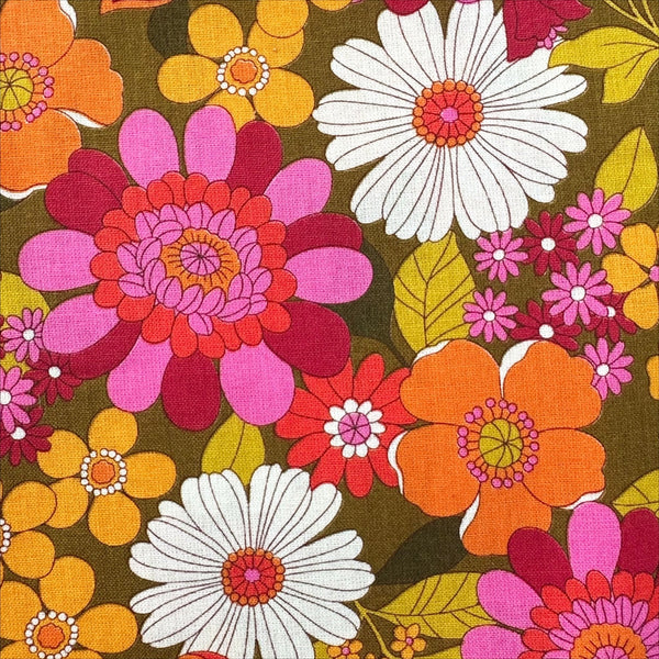 Close up of Bloom Garland Retro Floral Cotton Fabric by Koko Seki, in brown, imported from Japan