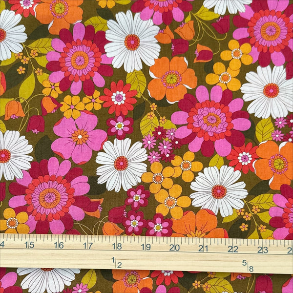 Scale of Bloom Garland Retro Floral Cotton Fabric by Koko Seki, in brown, imported from Japan