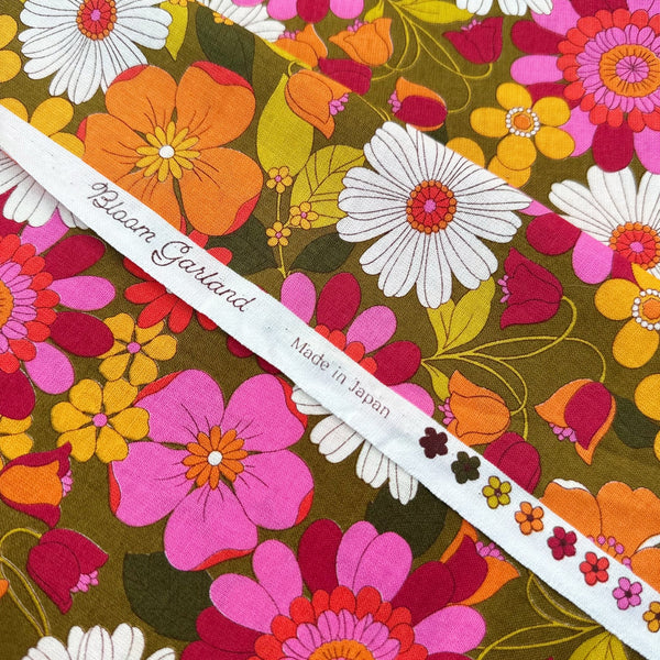 Selvage of Bloom Garland Retro Floral Cotton Fabric by Koko Seki, in brown, imported from Japan