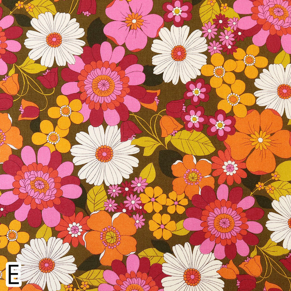 Stock photo of Bloom Garland Retro Floral Cotton Fabric by Koko Seki, in brown, imported from Japan