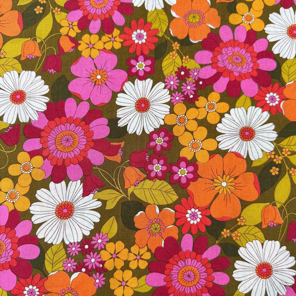 Bloom Garland Retro Floral Cotton Fabric by Koko Seki, in brown, imported from Japan
