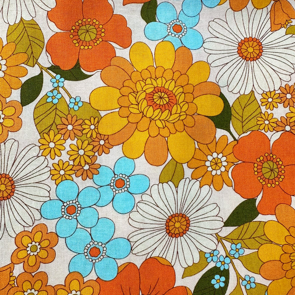 Close up of Bloom Garland Retro Floral Cotton Fabric by Koko Seki, in natural, imported from Japan