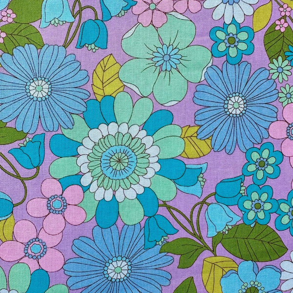 Close up of Bloom Garland Retro Floral Cotton Fabric by Koko Seki, in purple, imported from Japan