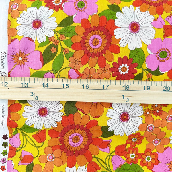 Scale of Bloom Garland Retro Floral Cotton Fabric by Koko Seki, in yellow, imported from Japan