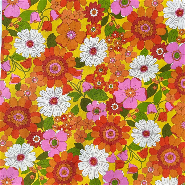Full view of Bloom Garland Retro Floral Cotton Fabric by Koko Seki, in yellow, imported from Japan