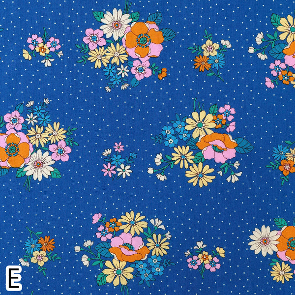 Stock of Full view of Bloom Garland Retro Floral and Polka Dot Cotton Fabric by Koko Seki, in blue, imported from Japan