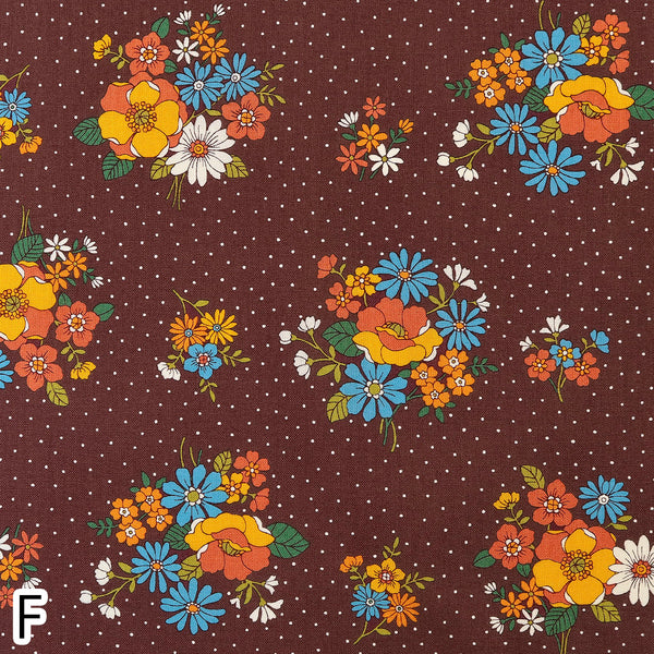 Stock photo of Bloom Garland Retro Floral and Polka Dot Cotton Fabric by Koko Seki, in brown, imported from Japan