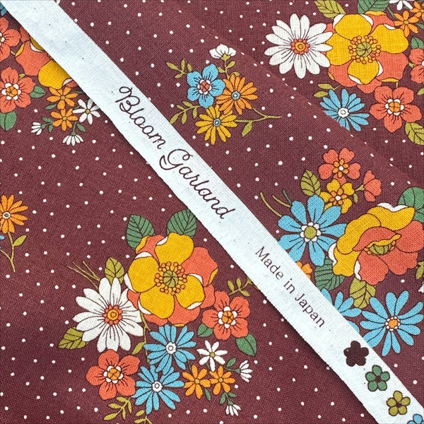 Selvage of Bloom Garland Retro Floral and Polka Dot Cotton Fabric by Koko Seki, in brown, imported from Japan