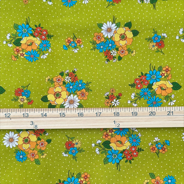 Scale of Bloom Garland Retro Floral and Polka Dot Cotton Fabric by Koko Seki, in green, imported from Japan