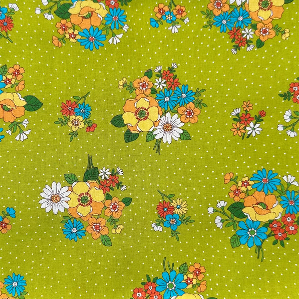 Bloom Garland Retro Floral and Polka Dot Cotton Fabric by Koko Seki, in green, imported from Japan