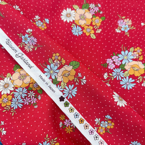 Selvage of Bloom Garland Retro Floral and Polka Dot Cotton Fabric by Koko Seki, in red, imported from Japan
