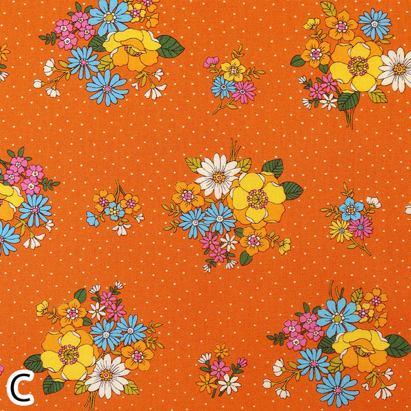 Stock photo of Bloom Garland Retro Floral and Polka Dot Cotton Fabric by Koko Seki, in orange, imported from Japan