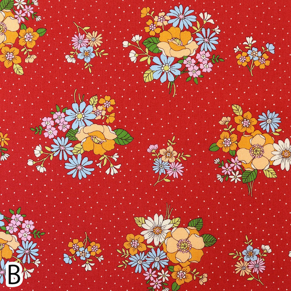 Stock photo of Bloom Garland Retro Floral and Polka Dot Cotton Fabric by Koko Seki, in red, imported from Japan
