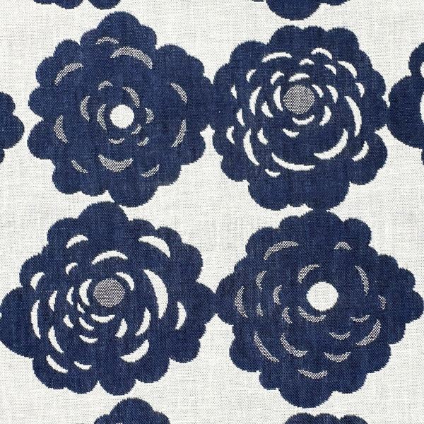 Close up of Blooming Rose double weave jacquard fabric by Cotton Kobayashi in navy and natural