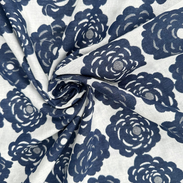 Drape of Blooming Rose double weave jacquard fabric by Cotton Kobayashi in navy and natural