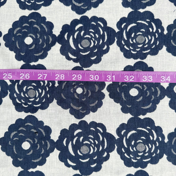 Scale of Blooming Rose double weave jacquard fabric by Cotton Kobayashi in navy and natural