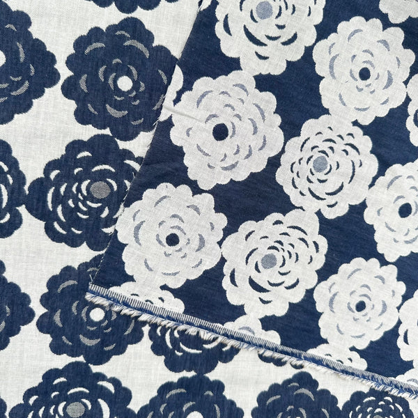 Weave of Blooming Rose double weave jacquard fabric by Cotton Kobayashi in navy and natural