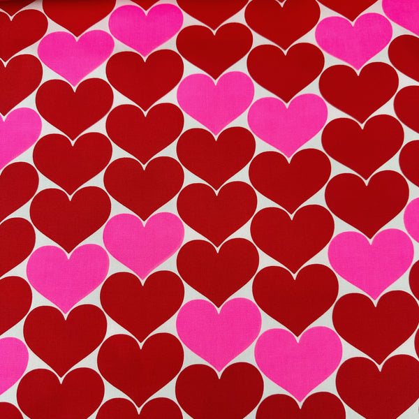 Bon Bon Heart cotton Oxford fabric in red and white featuring a large-scale heart print, imported from Japan