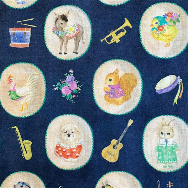 Squirrels in Bon Bon Journey Cotton Lawn Fabric in Navy by Yukiemon for Hokkoh featuring whimsical travel-themed illustrations on soft Japanese cotton lawn.