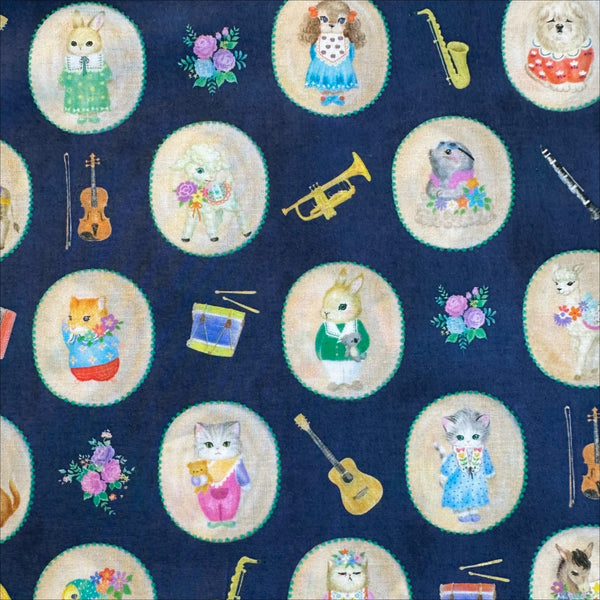 Animals in Bon Bon Journey Cotton Lawn Fabric in Navy by Yukiemon for Hokkoh featuring whimsical travel-themed illustrations on soft Japanese cotton lawn.