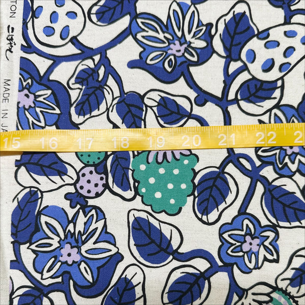 Scale of Botanical Fruit Canvas Fabric in Natural/Blue by Cotton Kobayashi – Scandinavian-style fruit designs on cotton linen canvas, imported from Japan