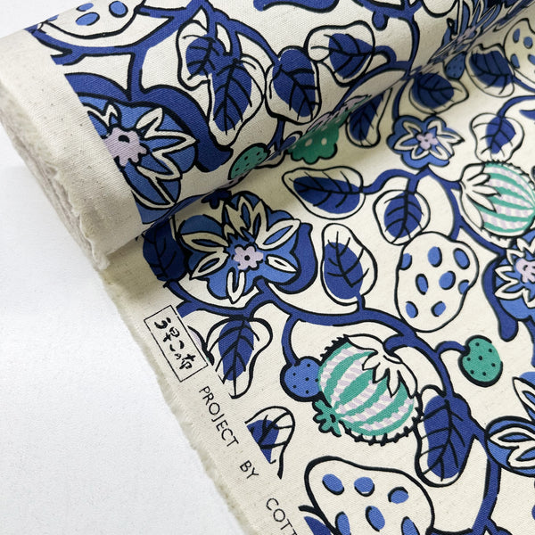 Selvage of Botanical Fruit Canvas Fabric in Natural/Blue by Cotton Kobayashi – Scandinavian-style fruit designs on cotton linen canvas, imported from Japan