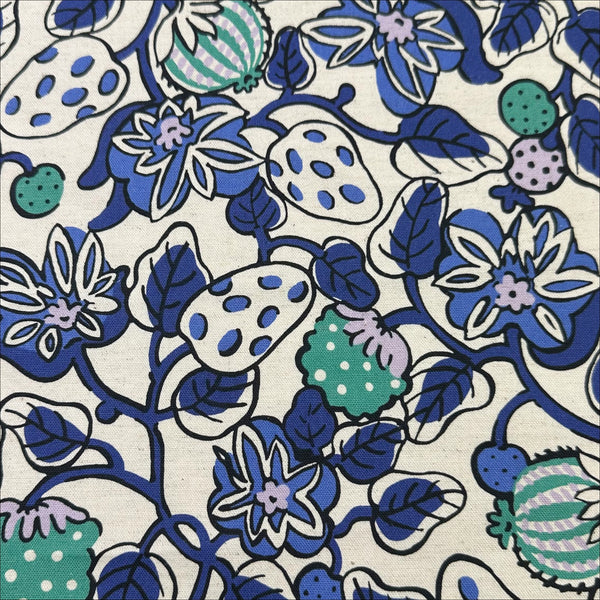 Botanical Fruit Canvas Fabric in Natural/Blue by Cotton Kobayashi – Scandinavian-style fruit designs on cotton linen canvas, imported from Japan