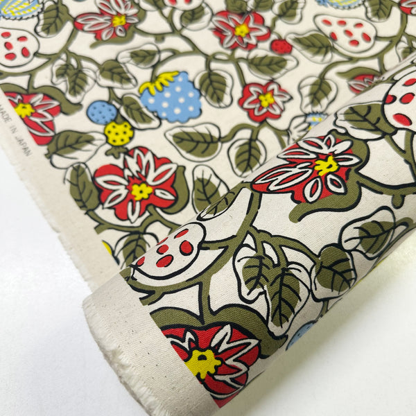 Botanical Fruit Canvas Fabric in Natural/Red by Cotton Kobayashi – Scandinavian-style fruit designs on cotton linen canvas, imported from Japan-bolt