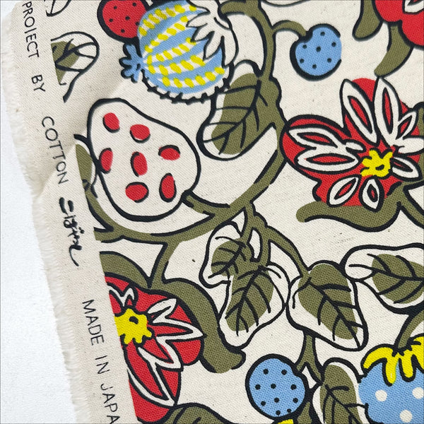 Botanical Fruit Canvas Fabric in Natural/Red by Cotton Kobayashi – Scandinavian-style fruit designs on cotton linen canvas, imported from Japan-selvage