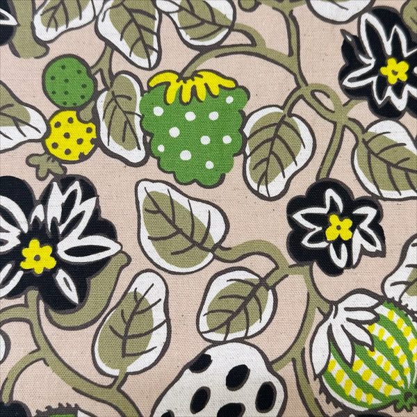 Close up of Botanical Fruit Canvas Fabric in Tan/Green by Cotton Kobayashi – Scandinavian-style fruit designs on cotton linen canvas, imported from Japan