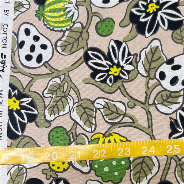 Scale of Botanical Fruit Canvas Fabric in Tan/Green by Cotton Kobayashi – Scandinavian-style fruit designs on cotton linen canvas, imported from Japan