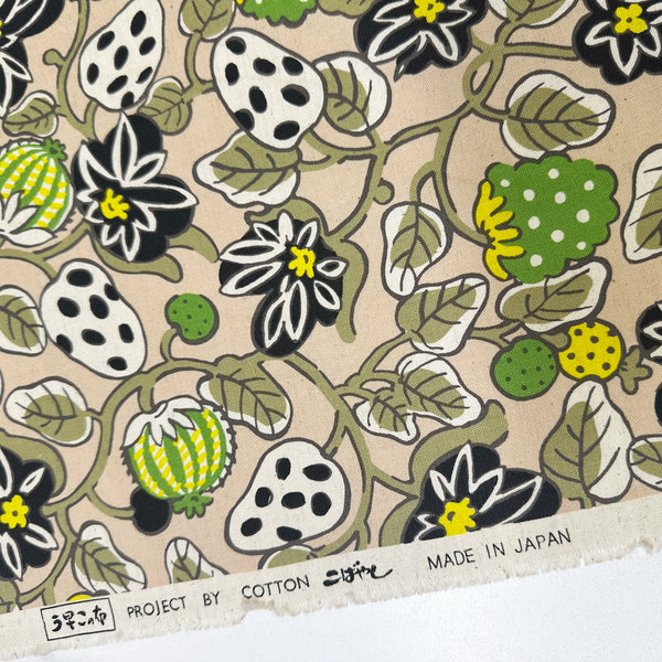 Selvage of Botanical Fruit Canvas Fabric in Tan/Green by Cotton Kobayashi – Scandinavian-style fruit designs on cotton linen canvas, imported from Japan