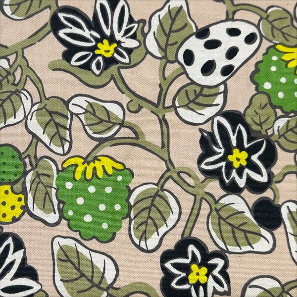 Botanical Fruit Canvas Fabric in Tan/Green by Cotton Kobayashi – Scandinavian-style fruit designs on cotton linen canvas, imported from Japan