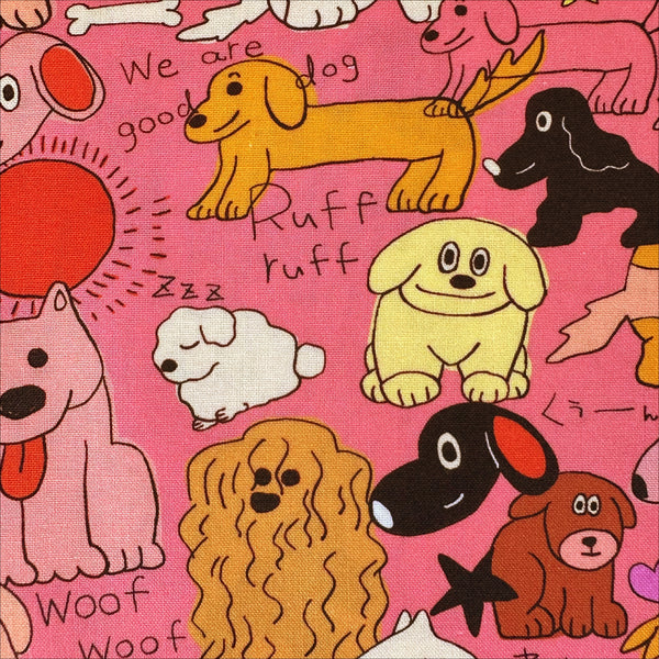 Close up of Bow Wow Pop cotton fabric by Nora featuring playful illustrated dogs in a hand-drawn style on a bright pink background, imported from Japan