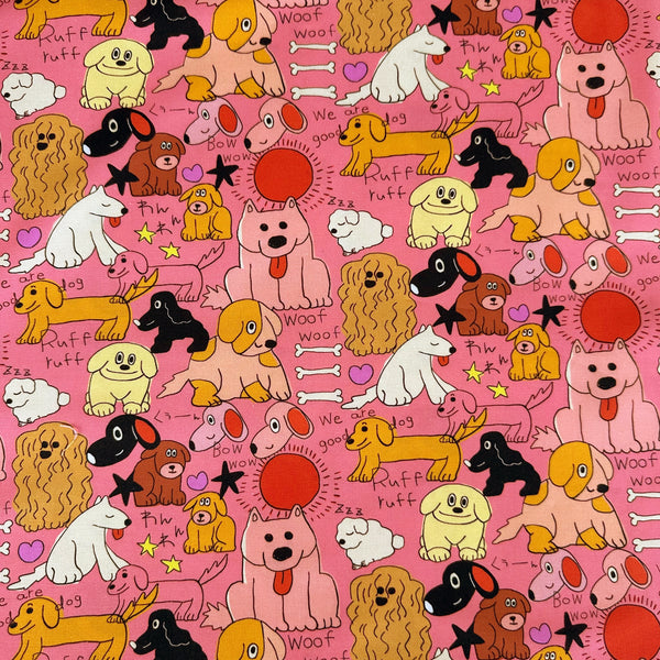 Bow Wow Pop cotton fabric by Nora featuring playful illustrated dogs in a hand-drawn style on a bright pink background, imported from Japan