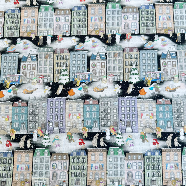 Brooklyn Vacation Cotton Lawn Fabric in Black by Yukiemon for Hokkoh featuring whimsical New York-inspired illustrations on soft Japanese cotton lawn.