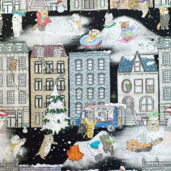 close up of Brooklyn Vacation Cotton Lawn Fabric in Black by Yukiemon for Hokkoh featuring whimsical New York-inspired illustrations on soft Japanese cotton lawn.