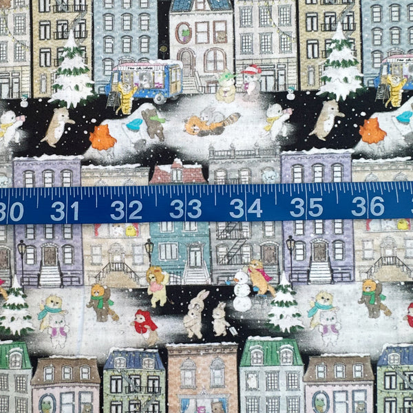 Scale of Brooklyn Vacation Cotton Lawn Fabric in Black by Yukiemon for Hokkoh featuring whimsical New York-inspired illustrations on soft Japanese cotton lawn.