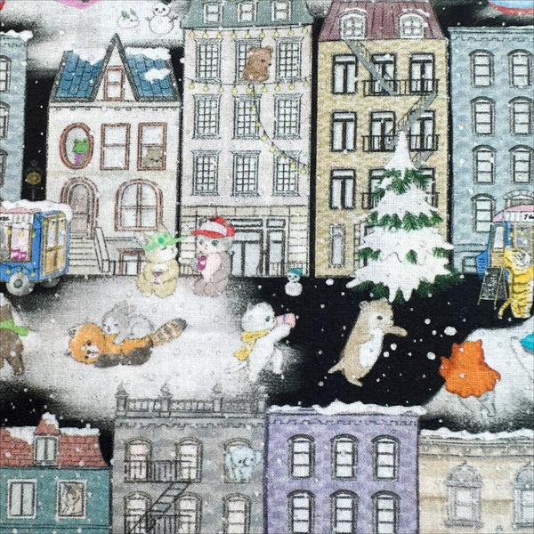 Close up of Brooklyn Vacation Cotton Lawn Fabric in Black by Yukiemon for Hokkoh featuring whimsical New York-inspired illustrations on soft Japanese cotton lawn.