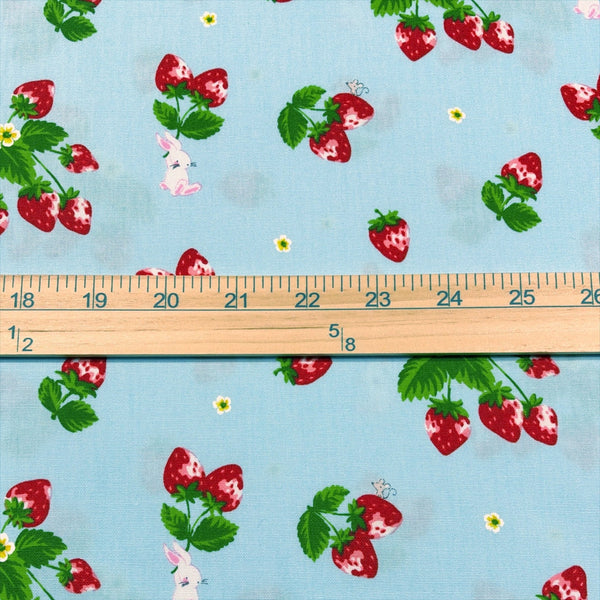 Scale of Bunnies and Strawberries cotton fabric by Cosmo Textiles in blue and red, SP2600 1C