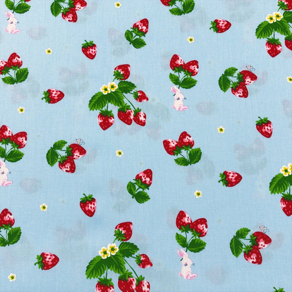 Bunnies and Strawberries cotton fabric by Cosmo Textiles in blue and red, SP2600 1C