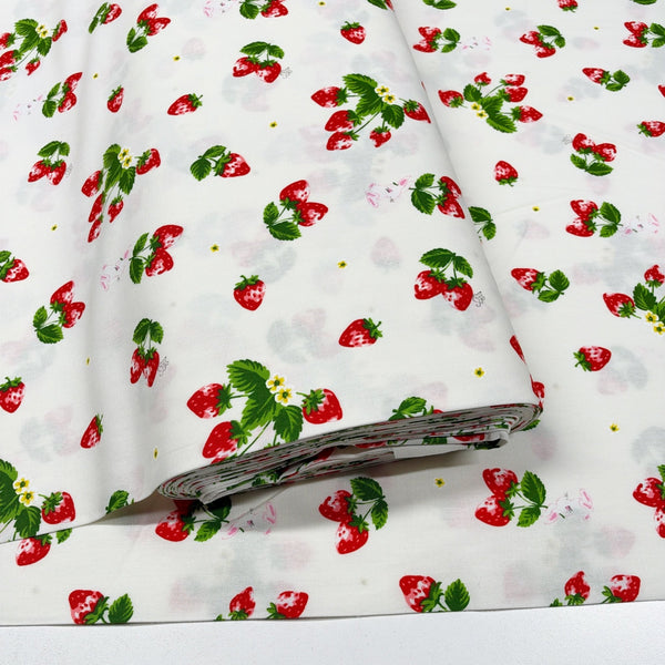 Bolt of Bunnies and Strawberries cotton fabric by Cosmo Textiles in white and red, SP2600 1A