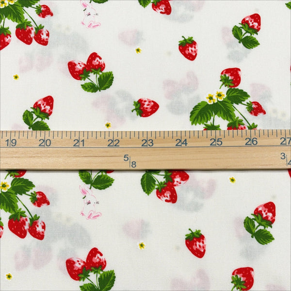 Scale of Bunnies and Strawberries cotton fabric by Cosmo Textiles in white and red, SP2600 1A
