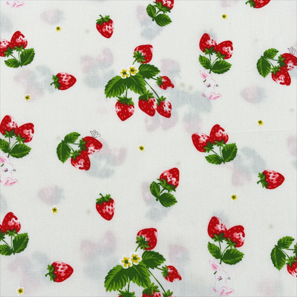Bunnies and Strawberries cotton fabric by Cosmo Textiles in white and red, SP2600 1A
