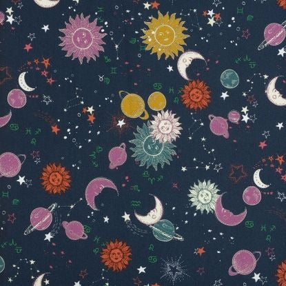 Alexander Henry Zodiac Sky Cotton Fabric Dk Blue, Star Moons Fabric