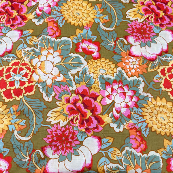 Kaffe Fassett Cloisonne in Moss Floral Cotton Fabric, Free Spirit Fabrics PWGP046.MOSS